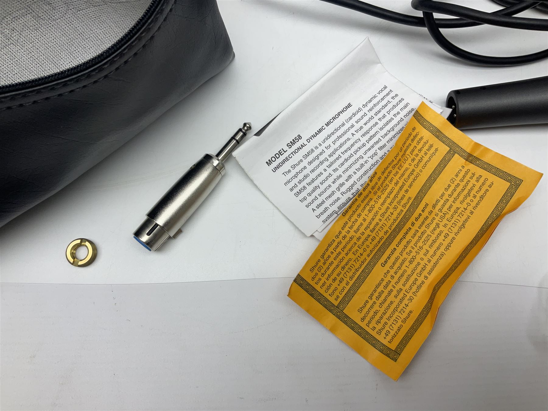 Shure SM58 Dynamic microphone; in original bag with paperwork; Shure Prologue 10H-LC Dynamic microphone; boxed; each with cable and tubular chrome adjustable stand (4)