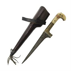 Afghan Khyber knife (Choora), blade engraved along the top edge with ornate brass and bone grip, with leather scabbard, overall L31cm, blade L20cm