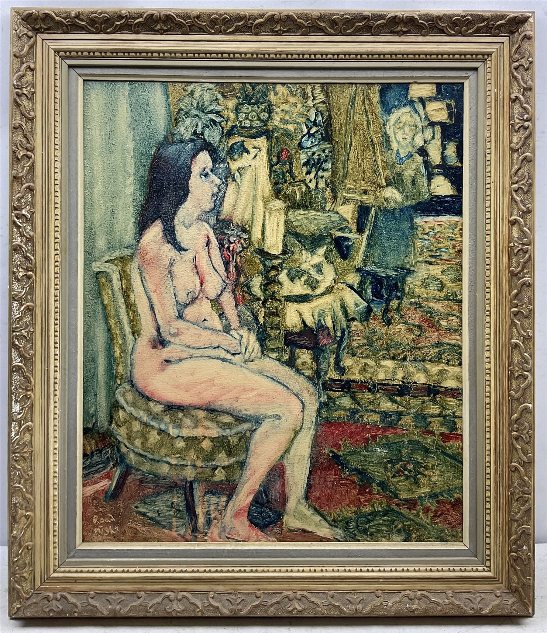 Raymond Arthur Roadnight (British 1941-): Seated Nude being Painted, oil on fabric signed 62cm x 52cm 
Provenance: the artist's studio collection. Born in High Wycombe, Roadnight spent three years training under Patrick Reyntiens and John Piper creating stained glass windows for Liverpool and Coventry cathedrals. These works included the great baptistry window in the New Coventry Cathedral, the 'Lantern' atop the Catholic Cathedral in Liverpool, and the grand windows in Oundle School Chapel. He has exhited at Royal Academy, Alfred East Gallery, Chichele College in Higham Ferriers, and Burleighfield House in Loudwater.