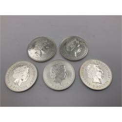 Five Queen Elizabeth II United Kingdom one ounce fine silver Britannia two pound coins dated 2002, 2003, 2004, 2005 and 2006