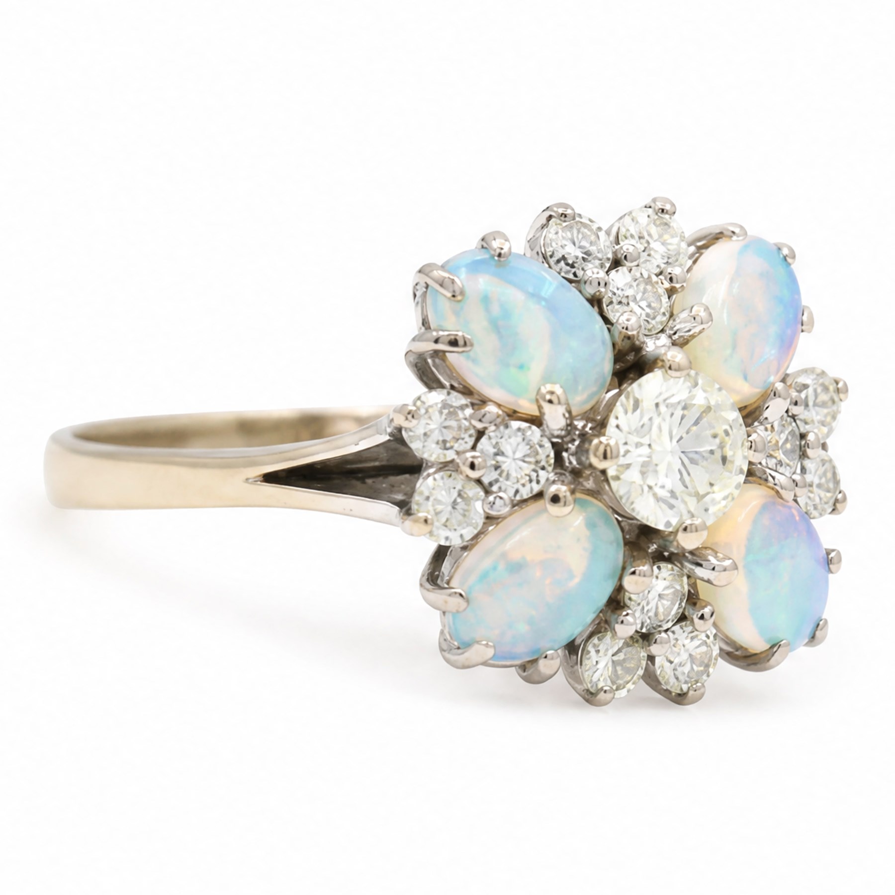 18ct white gold opal and diamond flower head cluster ring, single round brilliant cut diamond of approx 0.45 carat, surrounded by four oval cabochon cut opals and twelve diamonds, total diamond weight approx 0.80 carat