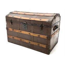Early 20th century wood and metal bound trunk with dome hinged top