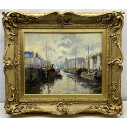 Willem Bataille (Belgian 1867-1933): Busy Canal Scene, oil on canvas signed 40cm x 50cm in impressive swept gilt frame