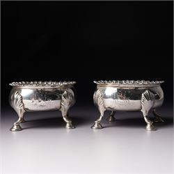 Pair of early George III silver oval salts with moulded rims and on four shell moulded supports W8.5cm London 1867 Maker D & R Hennell