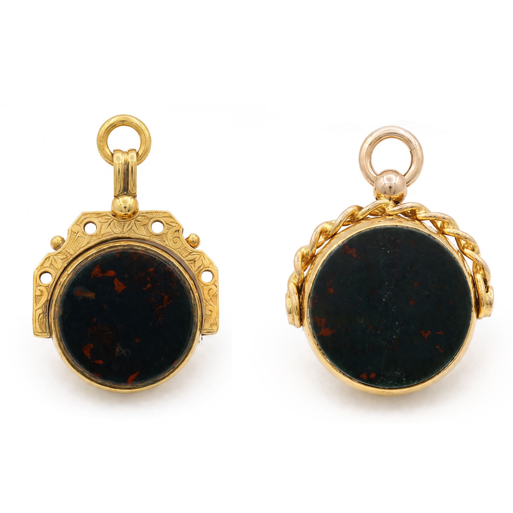 Two 9ct gold bloodstone and agate swivel fobs, Birmingham 1893 and Chester 1910