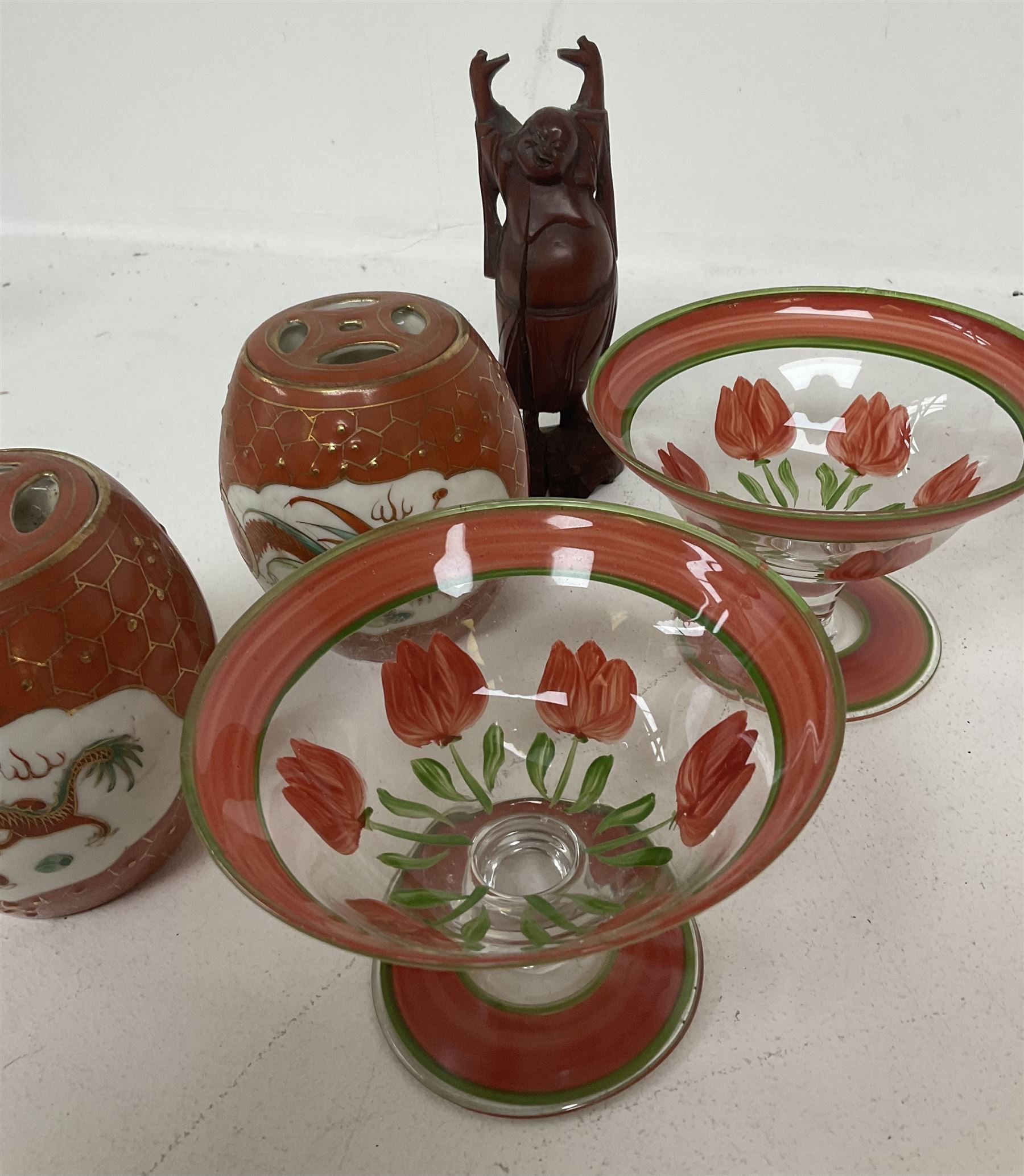 House of Faberge 'A King is Born' collector egg, Franklin Mint, together with with two tea jars, a ginger jar and four hand painted glasses etc 