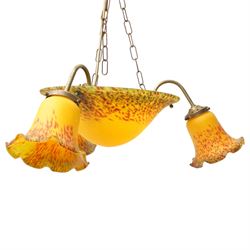 French Art Deco period Vianne glass three branch ceiling light fitting in mottled yellow, signed D35cm
