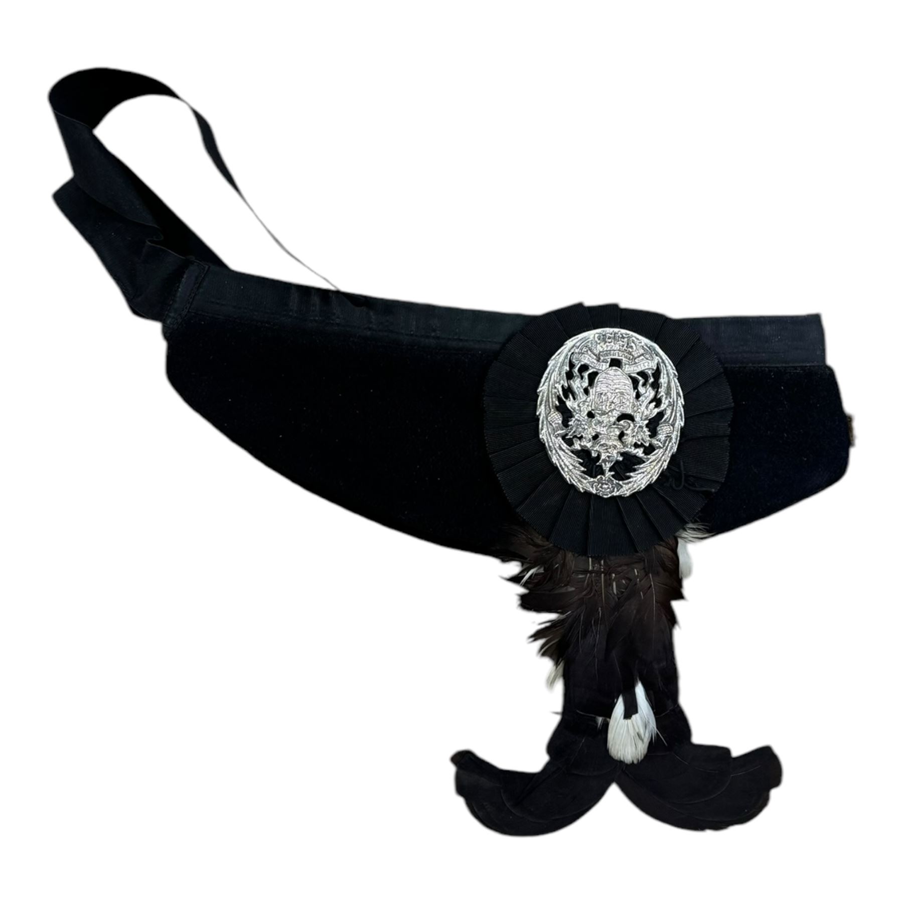 Set of mid 20th century bagpipes, with McLeod chanter, Royal Stuart cover, tassels, ribbons and spare accessories, contained within a wooden carry case, together with a Scarborough Highland Pipe Band uniform, comprising black highland dress jacket, Royal Stuart kilt, Glen Garry hat, Swinging Six sporren, Sgian Dubh knife, piper's dirk with knife and fork, etc