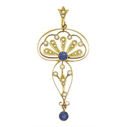 Edwardian gold sapphire and split seed pearl pendant, stamped 15ct