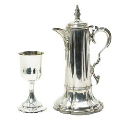 Large silver plated flagon probably by James Dixon with tapering lift, scroll handle and spreading lobed base H37cm, plated chalice with gilded interior by the same maker H21cm, plate chest with baize lined interior and countersunk handles W52cm and a pine stationery box
