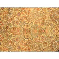  Persian multicoloured Tree of Life pattern silk rug,  the ivory field with a profuse flower filled vase, within repeating salmon ground styalised floral and striped border, fringed ends, 244cm x 154cm  