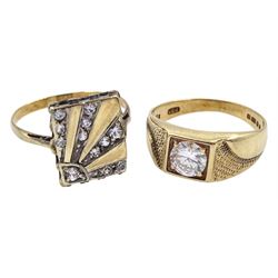 Gold cubic zirconia panel ring and a gold single stone cubic zirconia ring, both hallmarked 9ct 