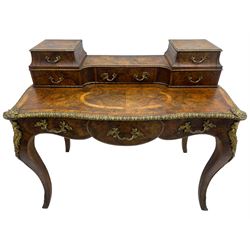 Late 19th to early 20th century French figured walnut writing desk, raised back fitted with drawers, shaped top with Kingwood banding and foliage cast edge moulding, fitted with single drawer, on cabriole supports mounted by shell and flower head cartouches 