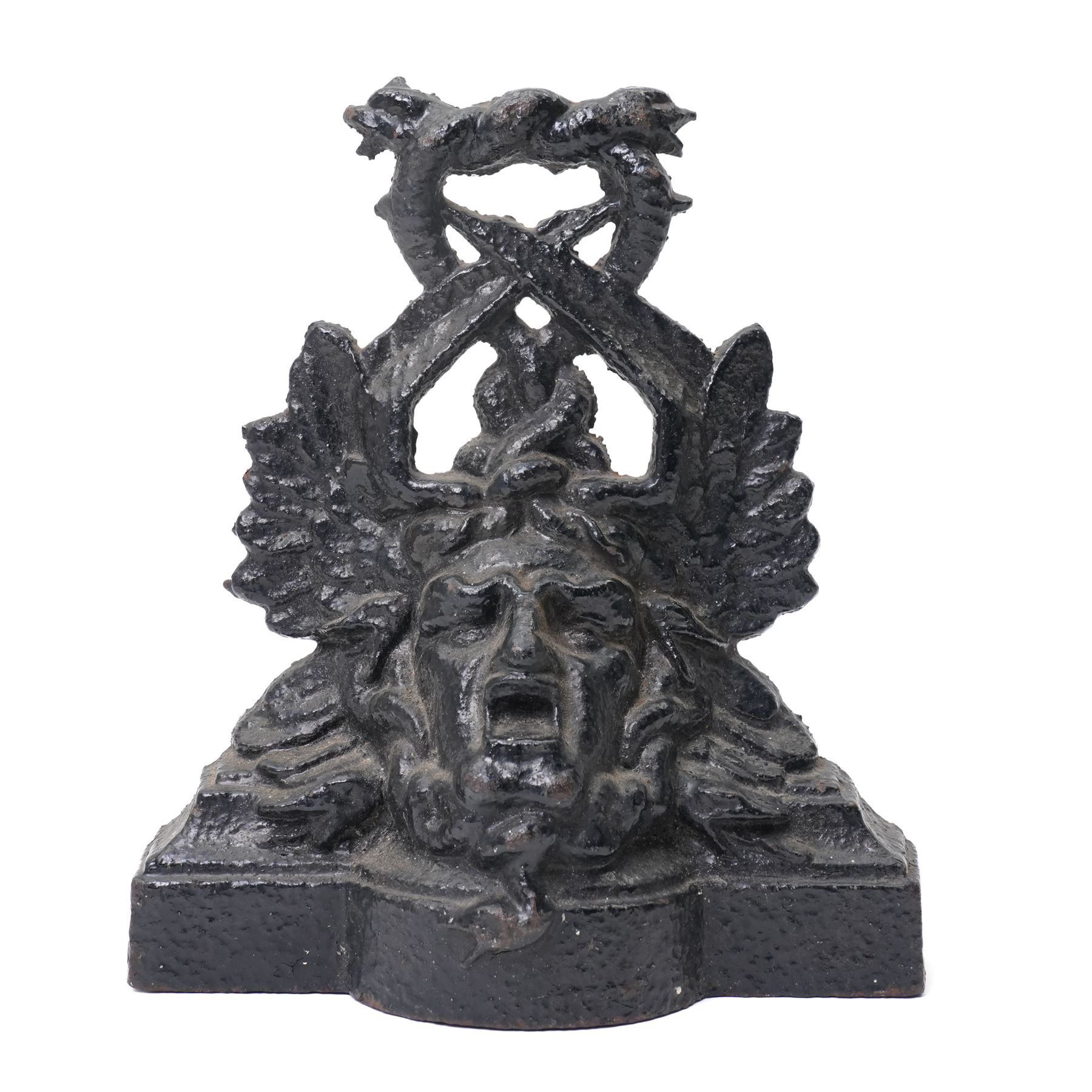 Victorian painted cast iron door porter, cast with a Medusa head and entwined serpents, H27cm