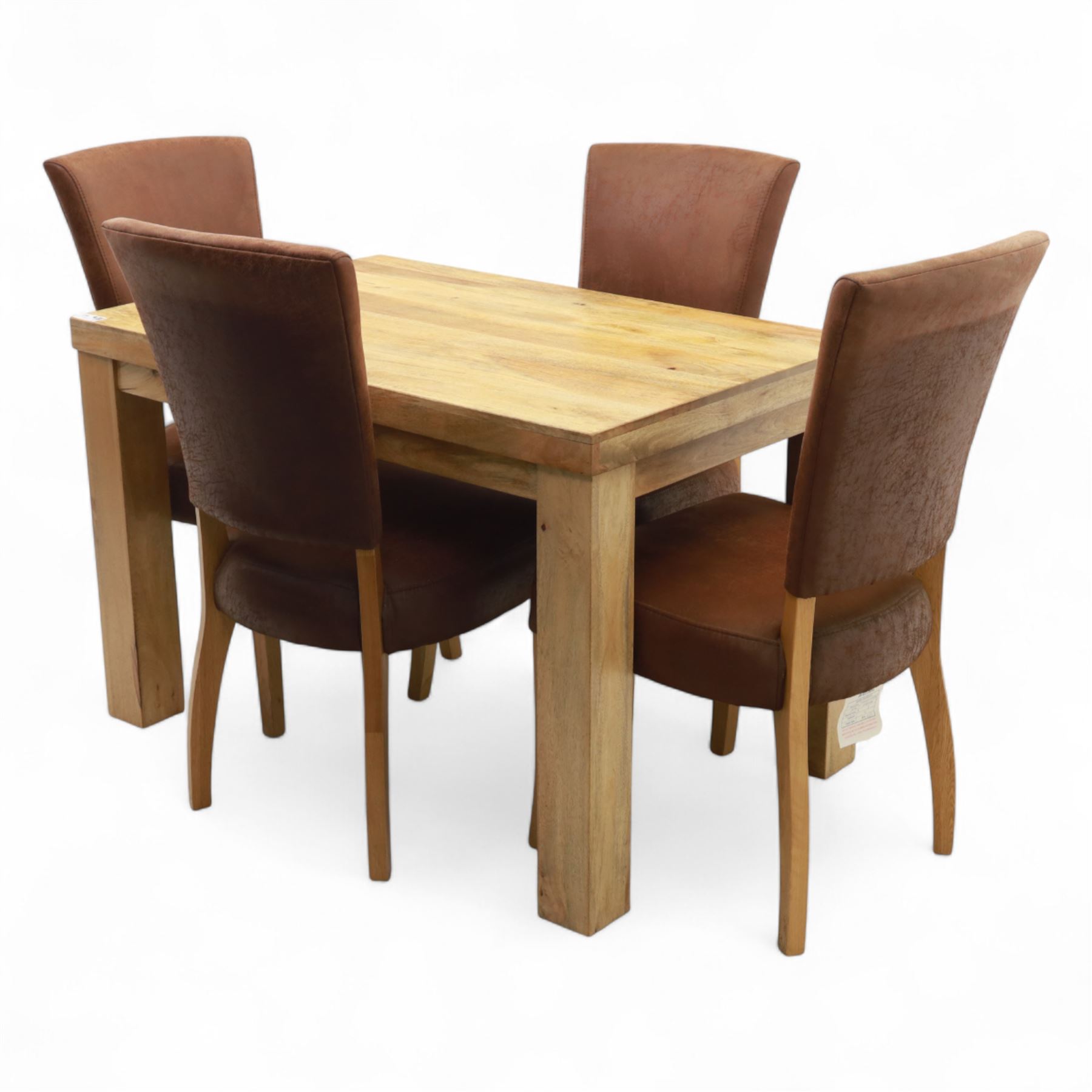 Contemporary oak dining suite, comprising rectangular table with solid top and square legs, together with four brown leather upholstered dining chairs with oak legs (5)