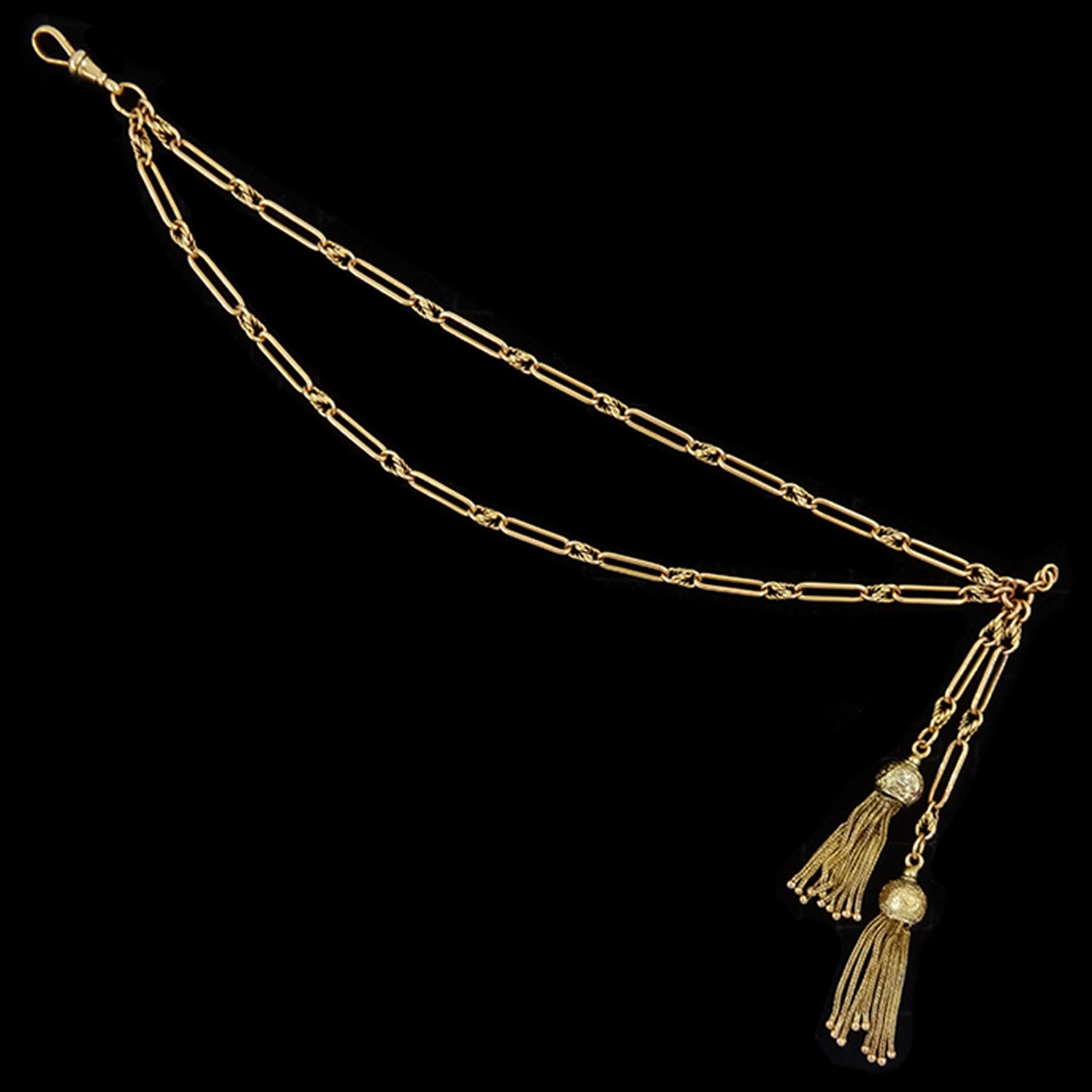 Early 20th century 15ct gold fancy figaro link watch chain, stamped 15, with two gold tassels