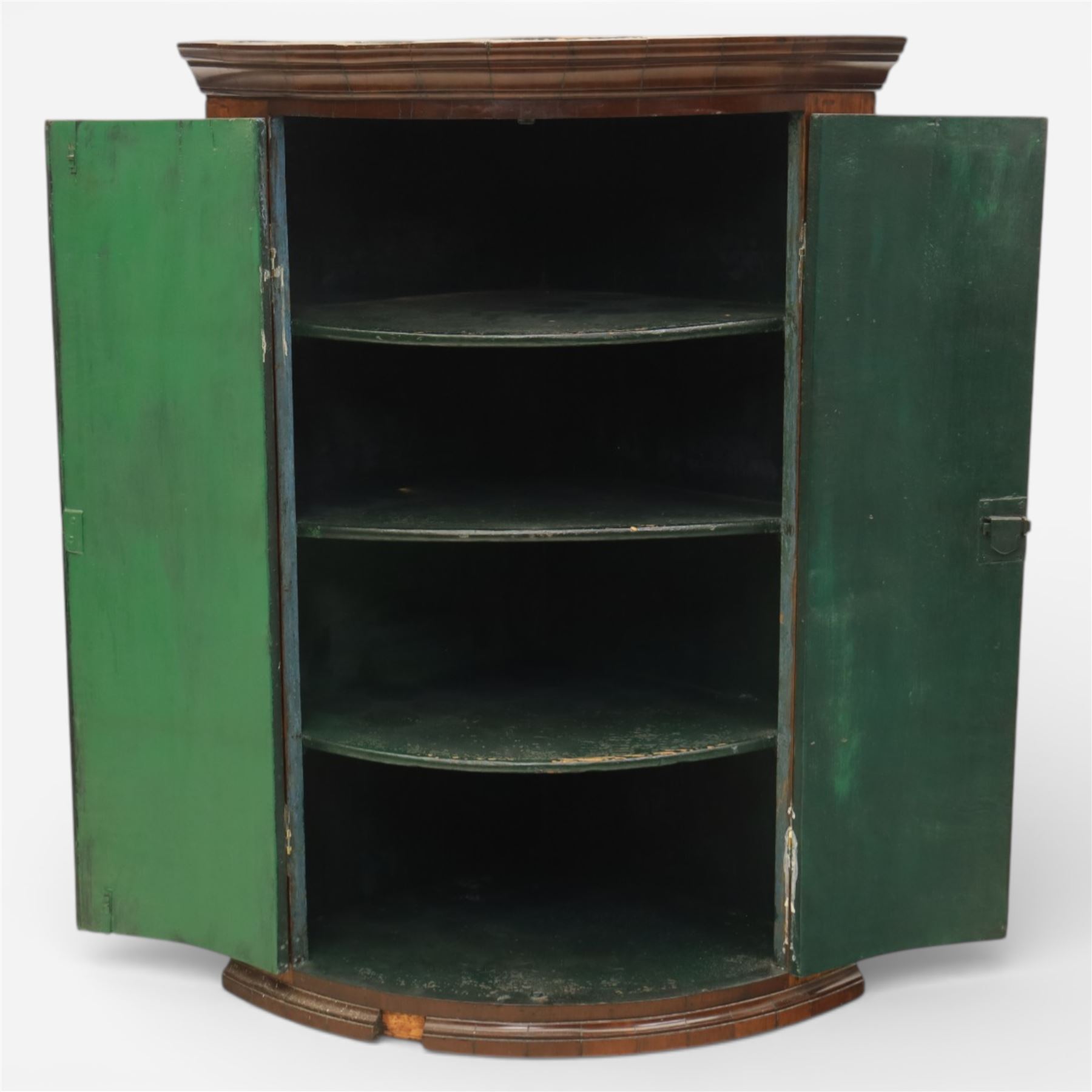 George III oak and mahogany wall hanging cylinder corner cupboard, moulded cavetto cornice over double cupboard enclosing three shelves