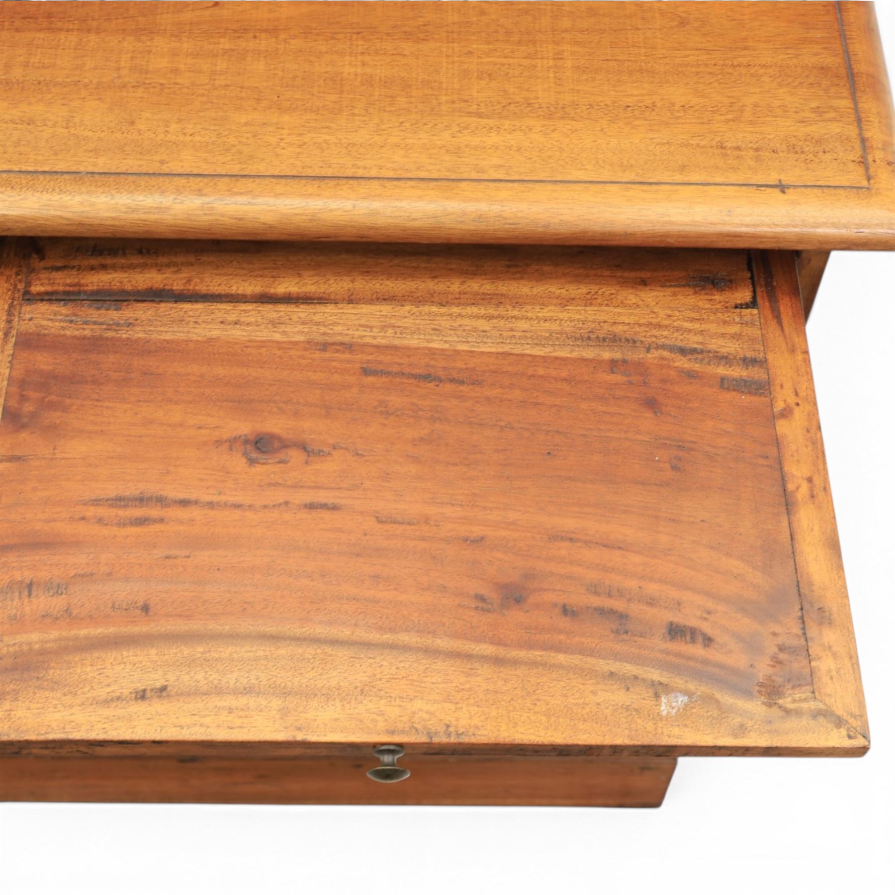 20th century Haberdashery style hardwood chest, two brushing slides, with six glass fronted drawers, blackened metal pulls, plinth base 