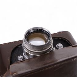 Leica DBP M3 35mm rangefinder camera body, serial no. 1038356, circa 1961, in chrome finish, housed in brown leather Leica case, with a Leitz Wetzlar Sunnilux 1:1.4/50 lens serial no. 1845148, Leitz Wetzlar Elmar 1:4/135 lens serial no. 1825980, 12575N hood, 12521G hood, Leica Meter MC serial no. 99015, Sunpak Auto28 SR Thyristor, Linhof 3 Way Pan tripod, and a Toshiba PE-1 Linear Exposure meter, all housed in an Original Benser Everready Case, most items with instruction booklets 