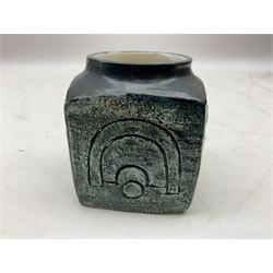 Troika cube vase, designed by Sally Bart, with a geometric design, with painted marks to base, H9.5cm.