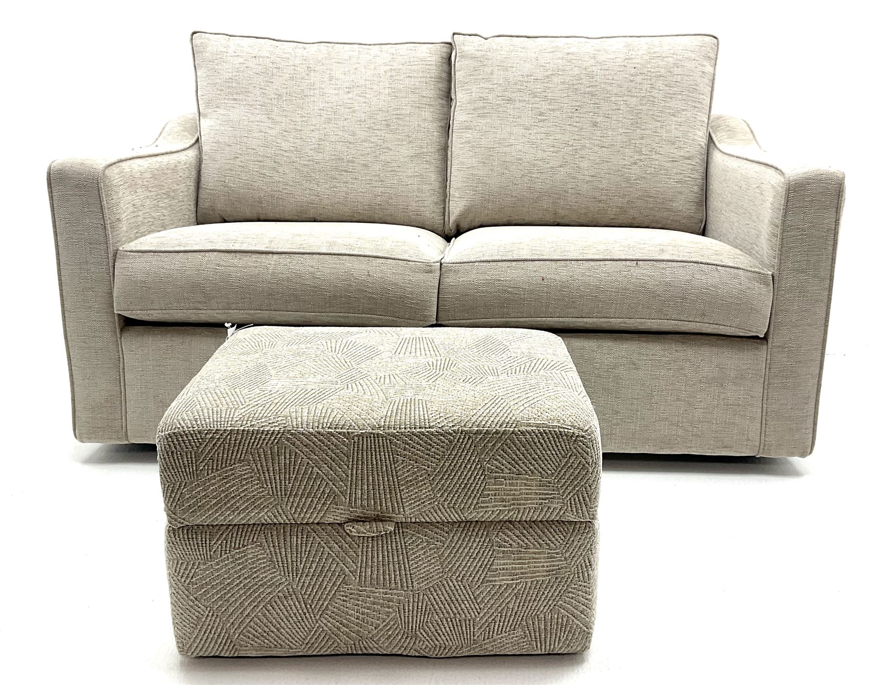 Two seat metal action sofa bed upholstered in a neutral fabric (W157cm) with storage stool (2)