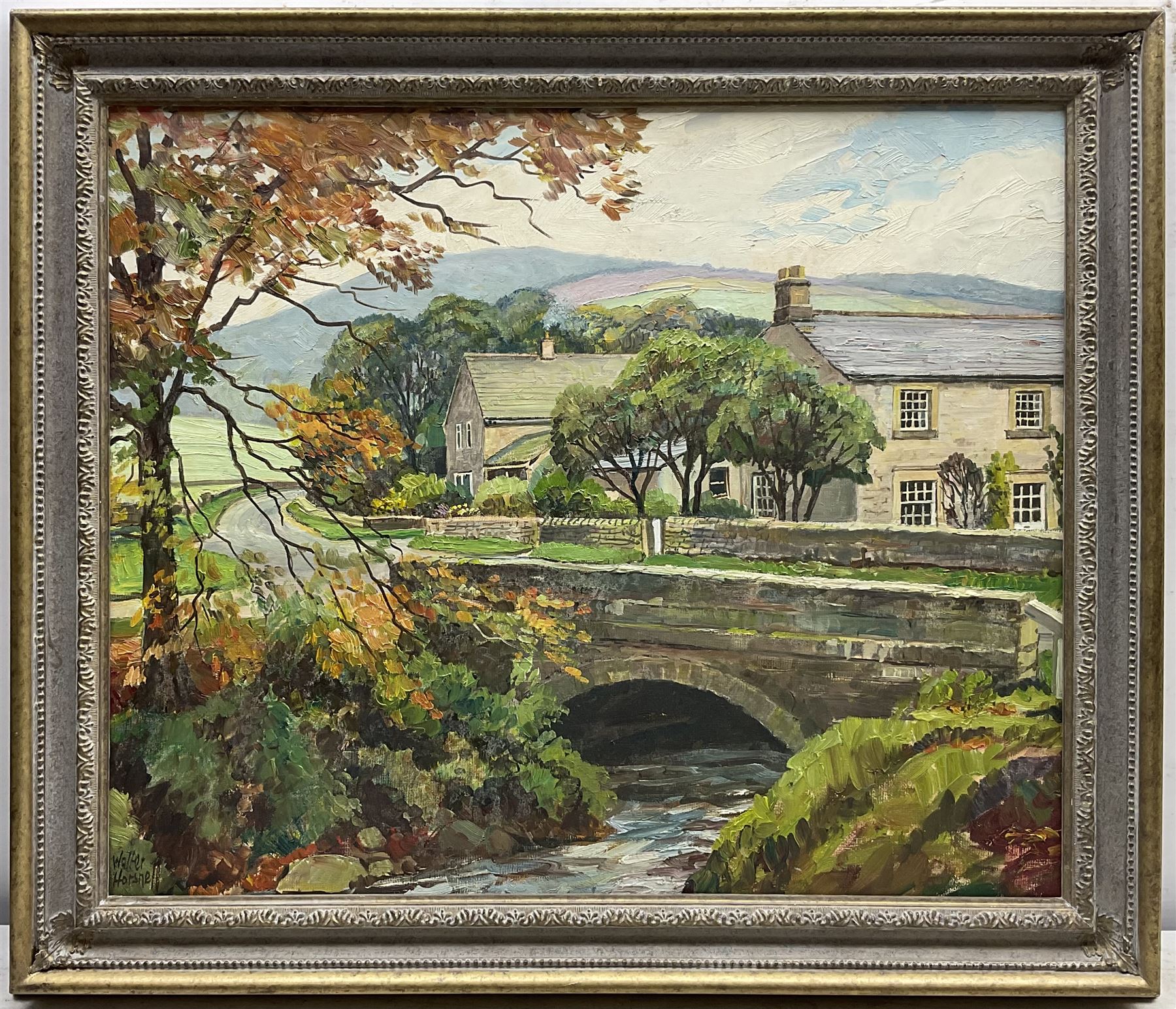 Walter Cecil Horsnell (British 1911-1997): 'Bridge End Ramsgill' Yorkshire Dales, oil on artist's board signed, titled and dated 1979 on original receipt verso 48cm x 58cm
