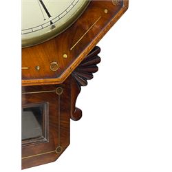 Charles Johnson of Wigan - mid-19th century twin fusee mahogany drop-dial wall clock, with an octagonal dial surround with brass inlay, carved fan ears to the glazed box with pendulum adjustment door, 12