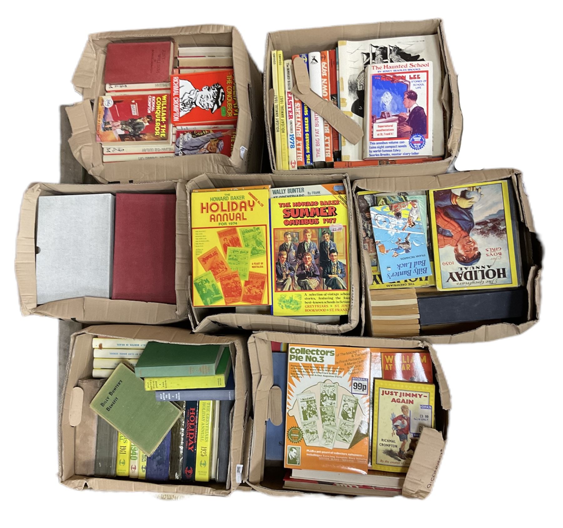 Collection of books and annuals, including Richmal Crompton; Just William and Frank Richards; Billy Bunter series,  Greyfriars' Holiday Annuals, etc, in seven boxes