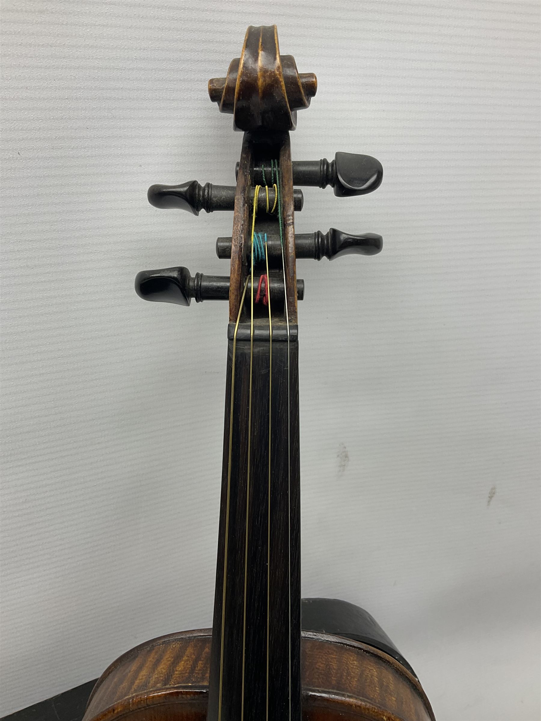 German Hopf violin c1900 with 35.5cm two-piece maple back impressed HOPF, maple ribs and spruce top, also marked HOPF internally L58.5cm overall; in Maidstone ebonised wooden coffin case with bow