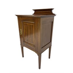 Small Edwardian inlaid mahogany bedside cabinet, enclosed by single panelled door, on square tapering supports