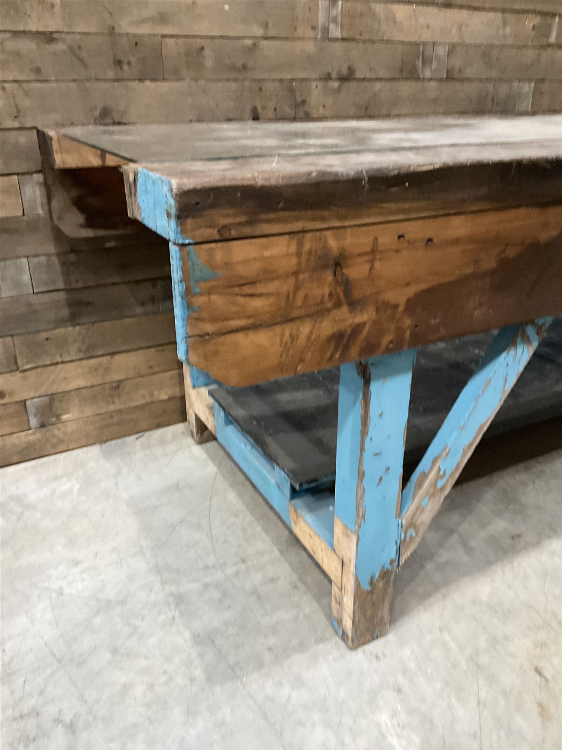 Large timber work bench with central glass section, and two pairs of vintage wooden step ladders (3)