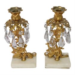 Pair 19th century gilt candle lustres, with recumbent grey hounds, below a leaf stem with flower bud sconce, H25cm