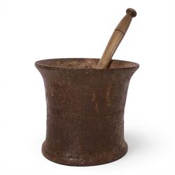 Early 19th century cast iron mortar, with turned wooden pestle, mortar H18, D23cm 