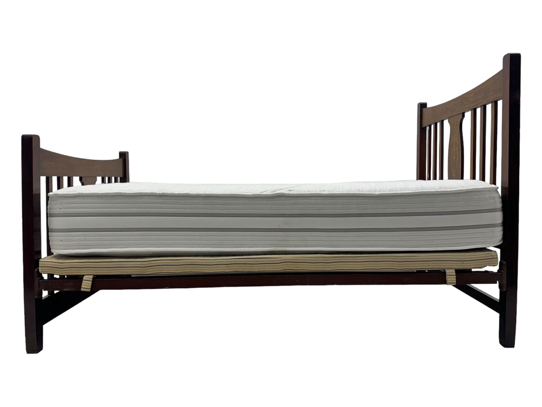 Edwardian inlaid mahogany 3' single bedstead, with headboard, footboard, wooden base and metal side supports; Giltedge 'Astrid 3000' pocket sprung mattress (L190cm, W104cm, D27cm)