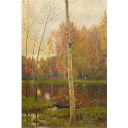 School of Tonalism (Late 19th Century - c.1890): Autumn Day, oil on canvas unsigned 78cm x 62cm
Notes: A very accomplished example testifying to the changing artistic attitudes at the turn of the century, embodying the transition from traditional realist depictions of landscapes into a more expressive handling. The restricted palette of green, brown and orange hues has been carefully used to construct soft-edged forms, mimicking the tranquil feeling of nature and eliciting an emotional response to the scene. The central solitary figure enhances the intimate setting, conveying a sense of contemplation.