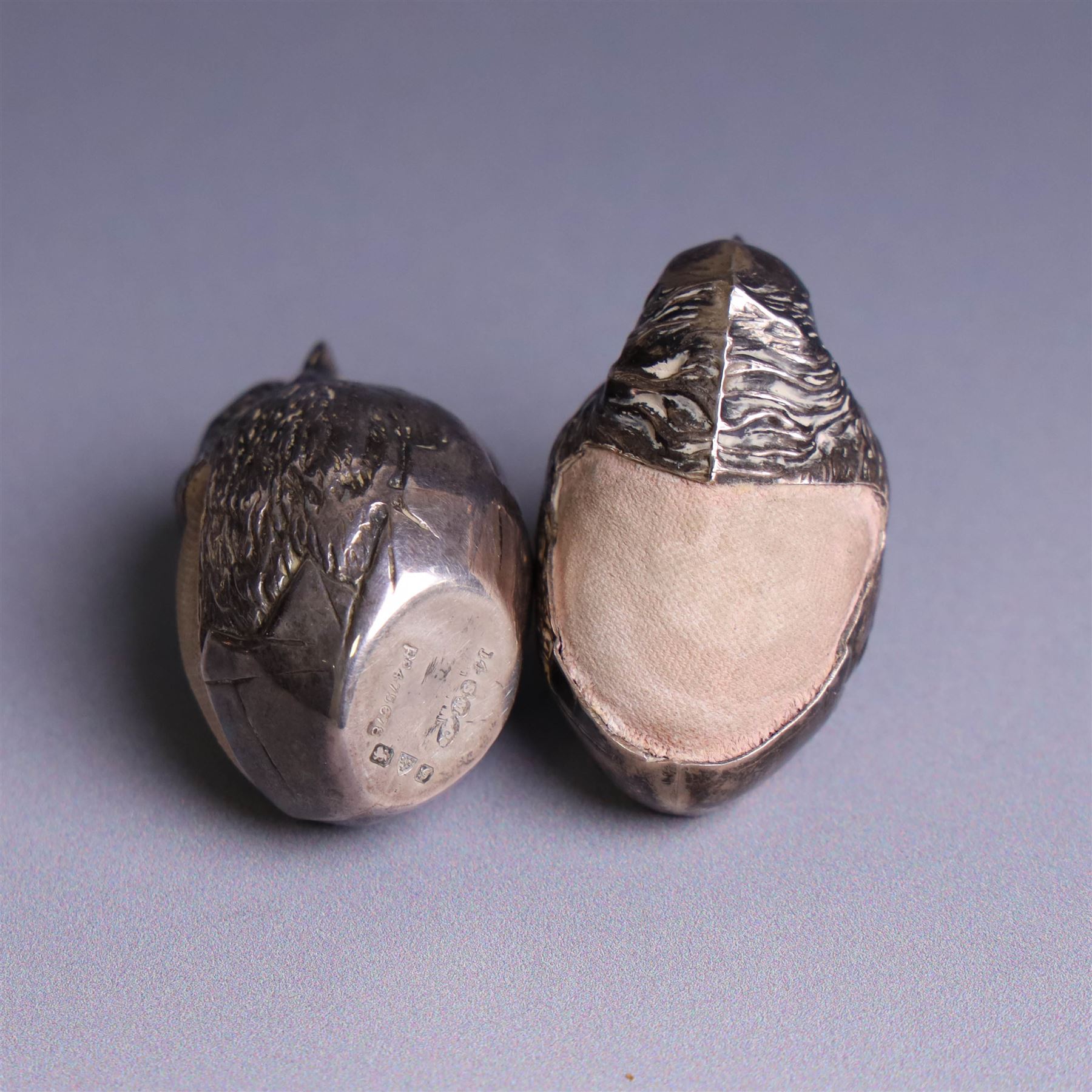 Two Edwardian novelty silver chick pin cushions, hallmarked Sampson Mordan & Co Ltd, Chester 1907