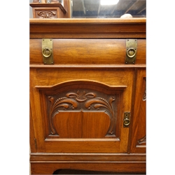  Edwardian walnut sideboard raised bevel edged mirror back, projecting cornice, carved foliate frieze, turned column supports above two drawers, two carved panel doors enclosing shelves and fitted interior, shaped apron with bracket supports, W167cm, H188cm, D57cm  