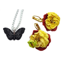  Lalique Papillon De Lalique Black Pendant and a pair of Les Nereides Paris butterfly flower dormeuse earrings  