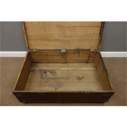  19th century oak and metal bound sea trunk, hinged top with two locks, wrought metal carrying handles, 111cm x 69cm, H40cm  