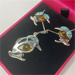 Silver Baltic amber and turquoise kingfisher pendant necklace and matching pair of stud earrings, all stamped 925, boxed 