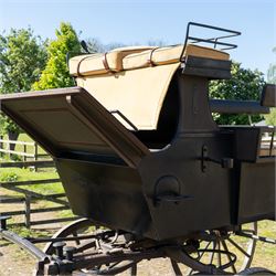 The Zetland Body Break by Peters & Sons, London

A fine and substantial late nineteenth century body break by Peters & Sons of London, circa 1880, formerly owned by the Marquis of Zetland. The carriage is finished in dark olive green and black with red, black and yellow lining, and is fitted with an elevated coachman’s box seat above a forward luggage compartment. The open rear body is entered by side doors and arranged with opposing longitudinal passenger seating.

The carriage is mounted on English pattern wooden artillery wheels with iron tyres and is carried on full elliptic springs, with a transverse helper spring behind. The front axle is fitted with fifth wheel turntable steering. The rear passenger compartment has upholstered longitudinal side benches beneath padded back rails, with turned spindle upper panels to the side doors and rear handrails. The driver’s seat is upholstered in corded fabric and secured with leather retaining straps.

Details include shaped splinter bar and turntable, folding rear step below the door with leather covered interior handle, luggage rails to either side, pole fittings for use with a pair or team of horses, and a handbrake with brake blocks operating to both rear wheels. The wheel hubs are fitted with polished hub caps engraved “Peters & Sons, London”. The exterior retains small Zetland family crests to the side panels.

The carriage has been conserved by Woods of Fairbourne Carriages Ltd and is recorded as Lot 146 in The George Shaw Collection sale, 5 November 2003, where it was catalogued as The Zetland Body Break and described as having previously been owned by the Marquis of Zetland.

Features
• Peters & Sons, London coachbuilder’s hub caps
• Known as The Zetland Body Break
• Formerly owned by the Marquis of Zetland
• Circa 1880
• Conserved by Woods of Fairbourne Carriages
• Dark olive green and black bodywork with red, black and yellow lining
• Elevated coachman’s box seat
• Forward luggage compartment
• Open rear passenger body with side doors
• Opposing longitudinal passenger seating
• Turned spindle upper panels to the side doors
• Folding rear step with leather covered interior handle
• Full elliptic spring suspension with transverse helper spring behind
• Fifth wheel turntable steering
• Handbrake with brake blocks operating to both rear wheels
• Wooden artillery pattern wheels with iron tyres
• Shaped splinter bar and pole fittings for a pair or team of horses
• Small Zetland family crests to the side panels

Provenance
The George Shaw Collection, 5 November 2003, Lot 146. Previously owned by the Marquis of Zetland.

Conservation

Conserved by Woods of Fairbourne Carriages.

Dimensions:
Overall length: 310 cm
Width: 176 cm
Height: 226 cm

Front wheel diameter: 98 cm
Rear wheel diameter: 140 cm

Seating:
Driver's box seat: 2 persons

Rear passenger compartment: Two longitudinal benches accommodating approximately 8 to 10 passengers