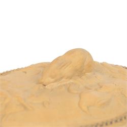 Wedgwood caneware game tureen, the cover with rabbit handle surrounded by country animals, repeating moulded leaf rim, the external sides decorated in light relief with dead game among vines, impressed marks to base, W26.5cm 