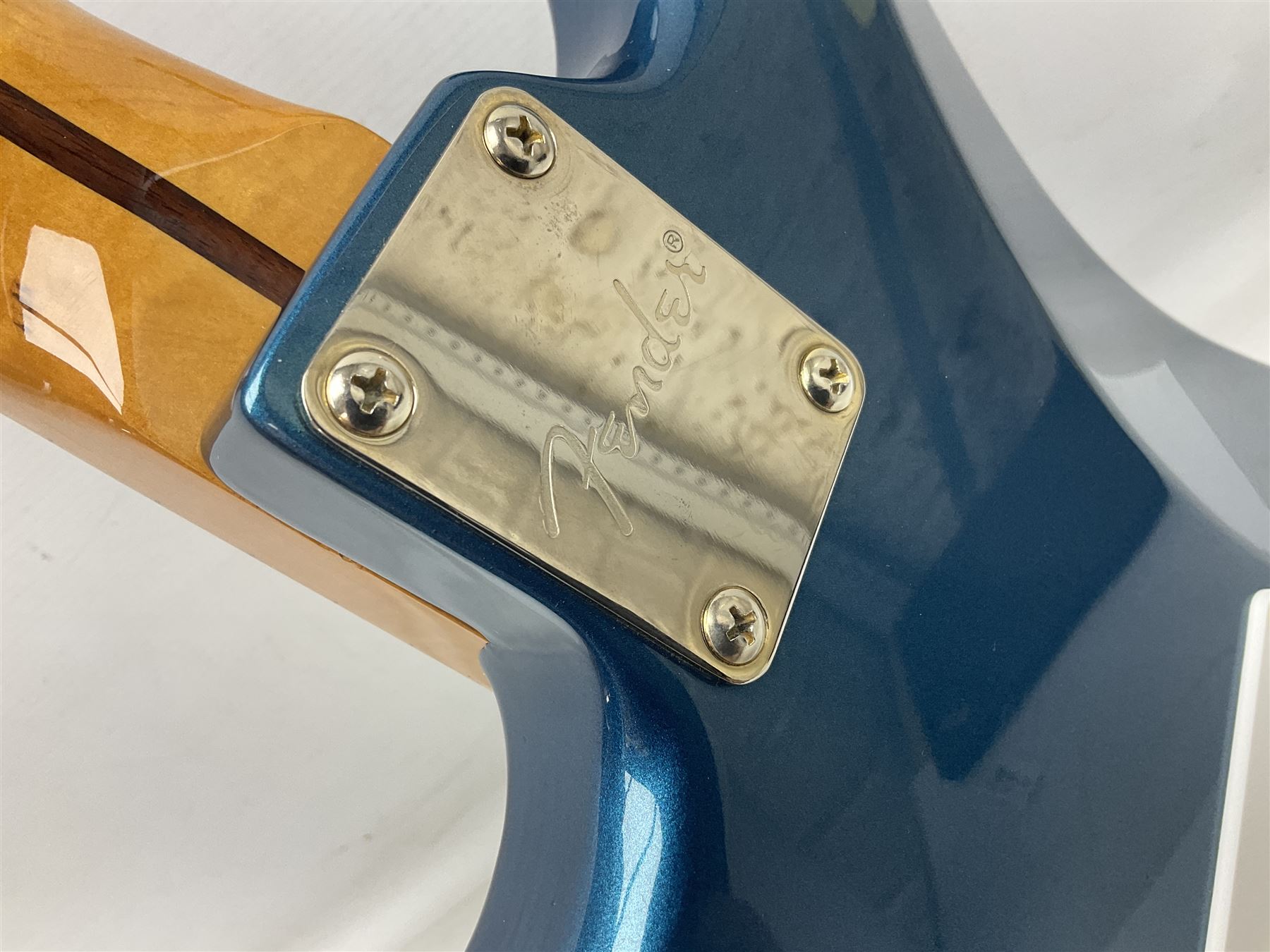 Fender Stratocaster style electric guitar in metallic blue with Rio Grande pick-ups and Fender back-plate L98cm; in Fender soft carrying case