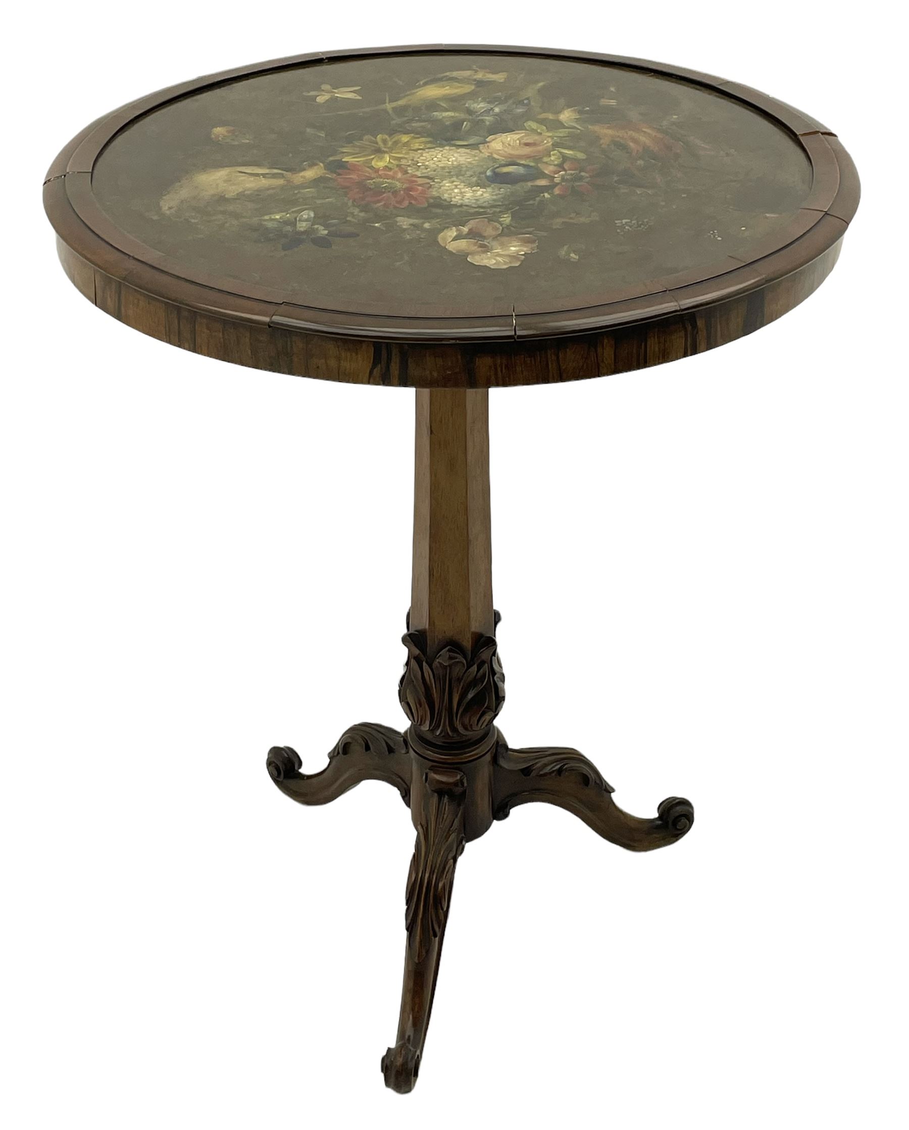 Early Victorian rosewood tripod pedestal table, circular moulded top hand painted with flowers and birds on slate, on tapered hexagonal column with carved acanthus leaf baluster, three splayed supports carved with foliage and scrolling terminals 