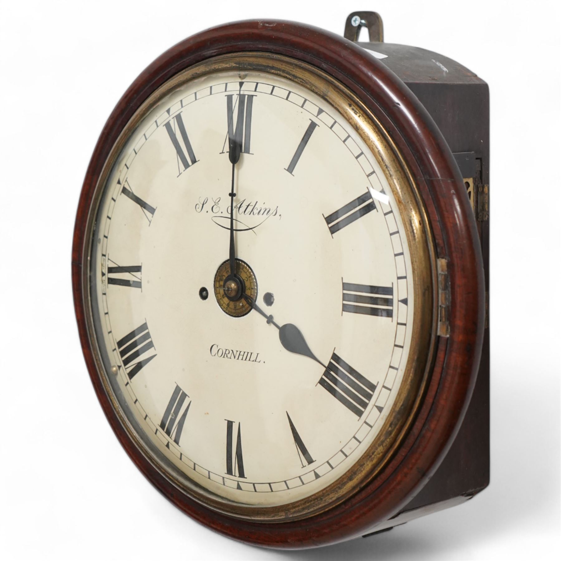 Samuel Elliot Atkins of Cornhill, London - mid-19th century twin fusee 8-day wall clock with a mahogany wooden bezel, pendulum regulation door and fish-scale brass side frets, with a cast false plate, 12