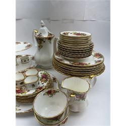 Royal Albert Old Country Roses pattern tea wares, comprising coffee pot, jug and sugar bowl, cake stands, napkin rings, teacups and saucers, side plates, dessert plates, small plates, all with printed marks beneath