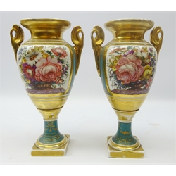  Pair French porcelain urn shaped vases, panels painted with flowers by Bordier, H30cm (2)   