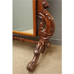  Victorian mahogany Cheval mirror, arched swing plate on acanthus scroll carved supports, four out splayed feet on castors, H159cm  