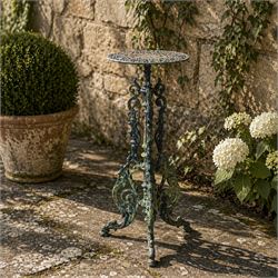 19th century ornate cast iron high garden drinks table, small circular pierced top, raised...
