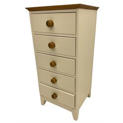 Cream finish chest, fitted with five drawers, oak top